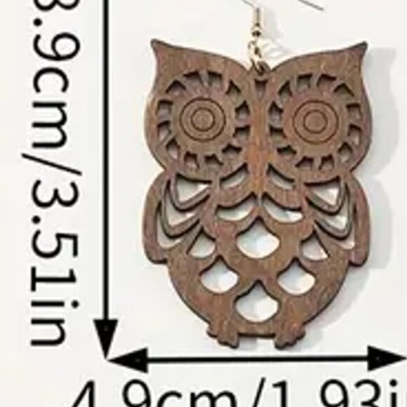 Retro Big Wooden Owl Dangle Earrings NEW - Picture 2 of 2
